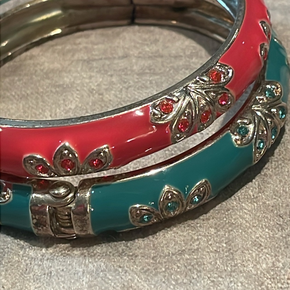 2 Lotus Flower Bangle Bracelets Blue and pink w/ Rhinestone crystals Inlay style